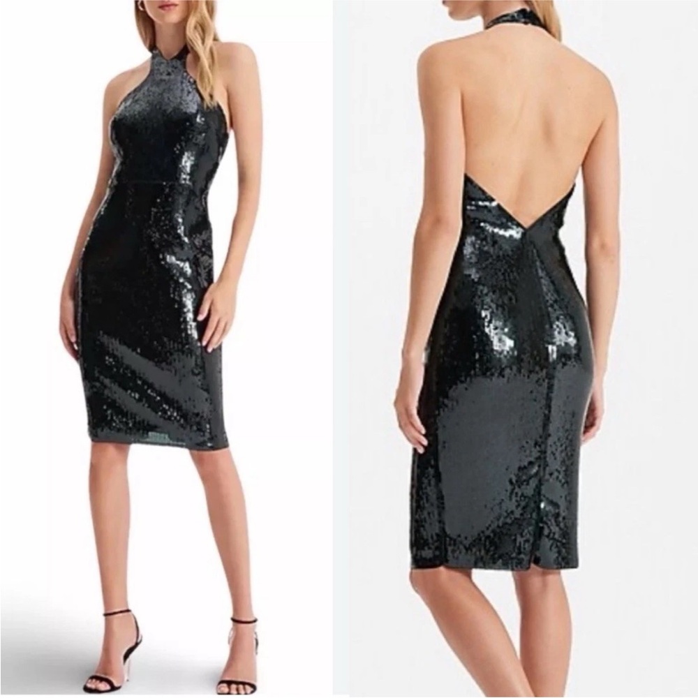 Express Halter Neck Open Back Sequin Midi Sheath Dress NWT Medium Hunter Green